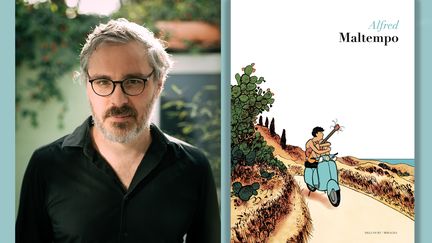 L'auteur de bande dessinée Alfred et la couverture de sa BD "Maltempo", parue en octobre 2023, qui clôture une trilogie italienne. (CHLOE VOLMER-LO / EDITIONS DELCOURT)