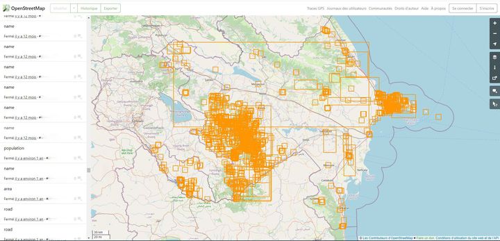 Capture d'écran des modifications effectuées (en orange) par un utilisateur d'Openstreetmap, concentrées sur la zone du Haut-Karabakh. (OPENSTREETMAP)