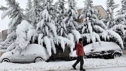 Un homme marche dans les rues enneigées d'Hortiatis (Grèce), le 26 février 2018.&nbsp; (SAKIS MITROLIDIS / AFP)