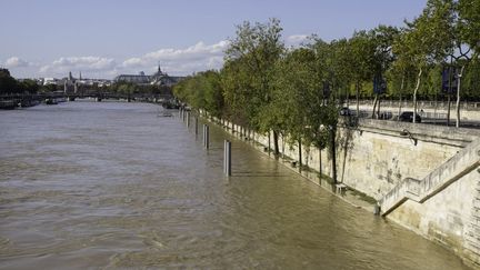 La Seine après le passage de la tempête Kirk, le 11 octobre 2024 à Paris. (ERIC BRONCARD / HANS LUCAS / AFP)