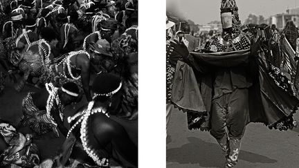 Danseuses initiées au vodou Avlekete lors d’une cérémonie de succession (Anfoin, Togo, 1988). Masque Egungun photographié par un smartphone (Porto-Novo, Bénin, 2019).&nbsp; &nbsp; (CATHERINE DE CLIPPEL)