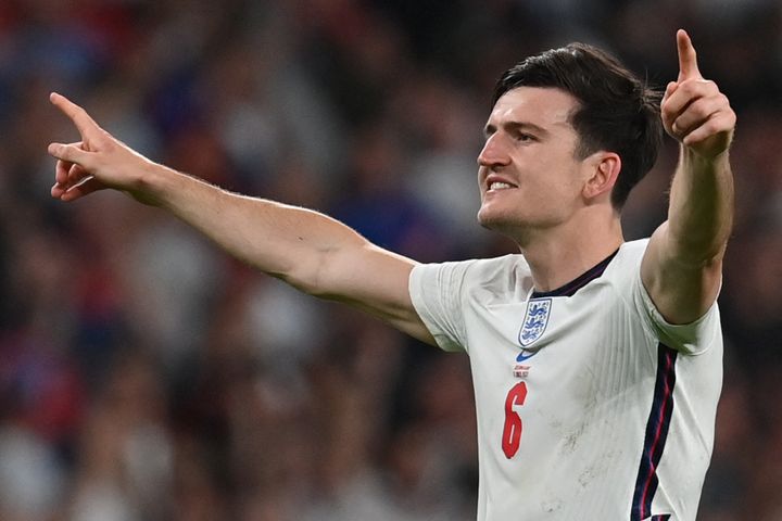 Harry&nbsp;Maguire après la victoire de l'Angleterre en demi-finale face au Danemark, le 7 juillet à Londres (PAUL ELLIS / AFP)