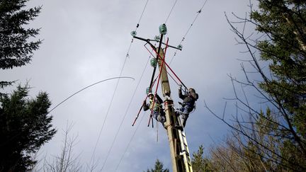 Des agents ERDF travaillent sur une ligne éléctrique dans l'Ouest de la France, en février 2014. (Photo d'illustration) (JEAN-SEBASTIEN EVRARD / AFP)