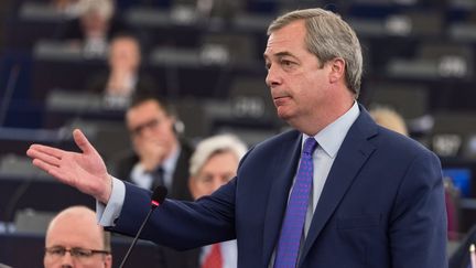 Nigel Farage, ex-leader du parti europhobe britannique Ukip, ici au Parlement européen le 5 avril 2017, prédit un score serré entre Marine Le Pen et Emmanuel Macron lors du deuxième tour de l'élection présidentielle en France.&nbsp; (MAXPPP)