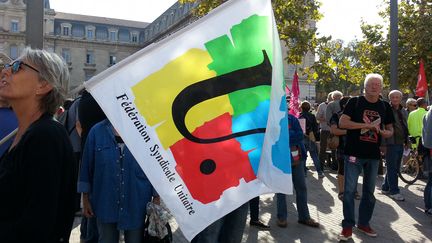 Une banderole de la FSU,&nbsp;la première fédération syndicale chez les professeurs, lors d'une manifestation. (AURÉLIE LAGAIN / FRANCE-BLEU BREIZH IZEL)