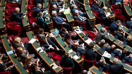 Des sénateurs dans l'hémicycle à Paris, le 8 mars 2023. (XOSE BOUZAS / HANS LUCAS / AFP)