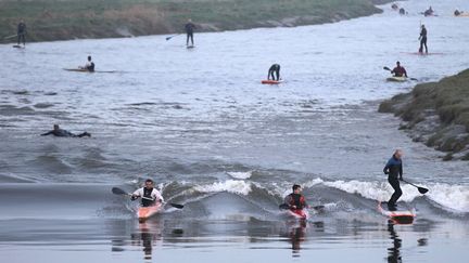 Des surfers et kayakers profitent du mascaret &agrave; l'occasion de la grande mar&eacute;e &agrave; Pontaubault (Manche), le 21 mars 2015. (CHARLY TRIBALLEAU / AFP)