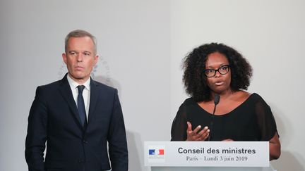 François de Rugy et Sibeth Ndiaye, le 3 juin 2019 à Paris. (LUDOVIC MARIN / AFP)