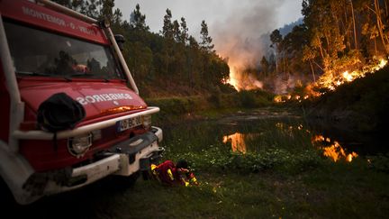 Un camion de pompiers à proximité des flammes, dans la région Leiria (Portugal), le&nbsp;18 juin 2017. (PATRICIA DE MELO MOREIRA / AFP)