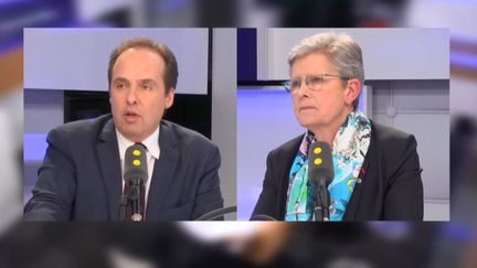 Jean-Christophe Lagarde, président de l’UDI, et Geneviève Darrieusecq, secrétaire d'État auprès de la ministre des Armées, sur le plateau de "Tout est politique", lundi 19 mars. (RADIO FRANCE)