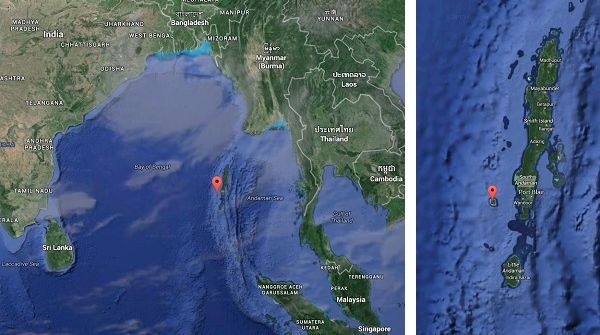 Situation géographique de l'archipel Andaman. A gauche, à l'échelle de l'océan Indien. A droite, à l'échelle de l'archipel Andaman,&nbsp;l'île Havelock est située à l'est de l'île principale. (GOOGLE MAPS)