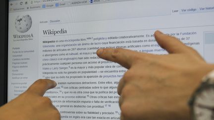 Des internautes consultent le site Wikipédia à Madrid (Espagne), le 17 juin 2015. (MAXPPP)