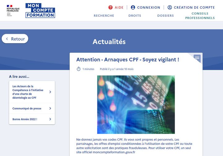 Capture d’écrans du site gouvernemental Mon compte formation qui met en garde contre les tentatives d’arnaques. (CAPTURE D'ÉCRAN)