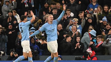 Erling Haaland a marqué cinq buts avec Manchester City contre Leipzig lors du huitième de finale retour de Ligue des champions à l'Etihad Stadium de Manchester, le 14 mars 2023. (PAUL ELLIS / AFP)