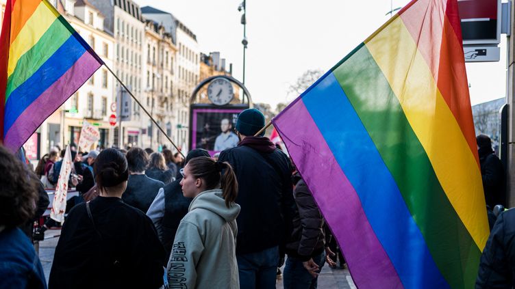 A demonstration in support of Bilal Hassani and against the far right was held in Metz on Wednesday April 5 in front of the church where the singer's concert was to take place.  (HUGO AZMANI / HANS LUCAS)