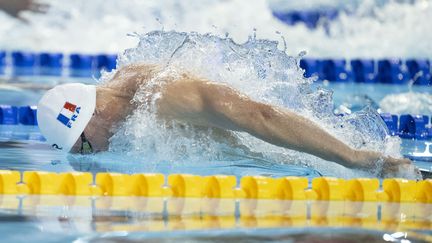 Maxime Grousset lors des séries du 50 mètres papillon, le 8 décembre 2023 à Otopéni (Roumanie). (KEMPINAIRE STEPHANE / AFP)