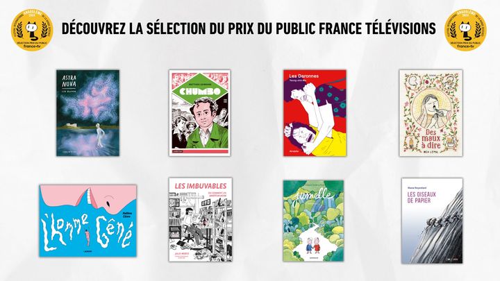 Les huit albums en lice pour le Prix du public France Télévisions 2024 : "Astra Nova", "Chumbo", "Les Daronnes", "Des Maux à dire", "L'Homme gêné", "Les Imbuvables ou comment j'ai arrêté de boire", "Jumelle," Les Oiseaux de papier". (FRANCE TELEVISIONS)