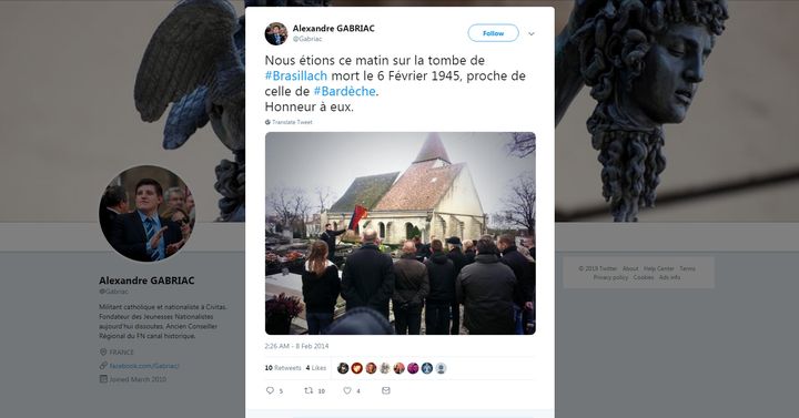 Capture d'écran d'un tweet du militant d'extrême droite Alexandre Gabriac partageant une photo d'un hommage à Robert Brasillach, au cimetière de Charonne, le 8 février 2014. (GABRIAC / TWITTER)