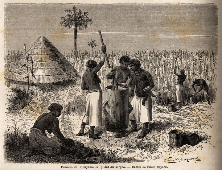 Femmes pilant du sorgho dans la région des Grands Lacs en Afrique. Dessin d'Emile Bayard (1837-1891), illustrant le voyage (1860-1863) du capitaine Speke. Gravure in "Le tour du monde", sous la direction d'Edouard Charton, 1864. (AFP - Selva/Leemage)