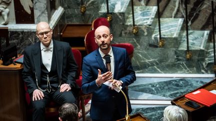 Le ministre de la Fonction publique, Stanislas Guérini, le 7 mars 2023, à l'Assemblée nationale, à Paris. (XOSE BOUZAS / HANS LUCAS / AFP)