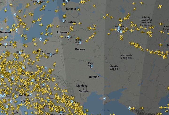 Capture d'écran du site Flight Radar, le 25 février 2022. (FLIGHTRADAR24.COM)