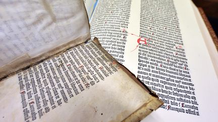 Bible de Gutenberg, découverte à Colmar, le 29 mai 2009. (JOHANNA LEGUERRE / AFP)