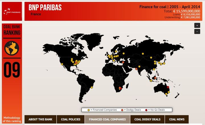 Capture d'écran de la page consacrée à BNP Paribas sur le site Coal Banks, du réseau BankTrack. Ce collectif d'ONG surveille l'action du secteur financier dans le développement durable.&nbsp; (COAL BANKS / BANKTRACK)