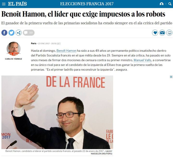 Benoît Hamon saluant ses partisans le 22 janvier 2017 (capture d'écran d'El Pais en date du 30 janvier). (DR (capture d&#039;écran))