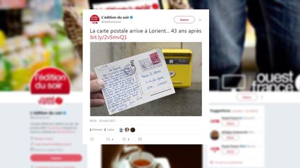 La carte, postée à Nice, a mis quarante-trois ans pour arriver à Lorient (capture d'écran). (OUEST FRANCE / TWITTER)