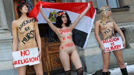 Le 20 décembre 2012, devant l'ambassade égyptienne à Stockholm, Aliaa Magda Elmahdy, entourée de deux membres des Femen, proteste contre le régime de Mohammed Morsi et des Frères musulmans. Par cette action, elle veut dénoncer l'islamisation de l'Egypte avec la nouvelle constitution qui sera ratifiée en fin d’année.
	
	 
L’activiste égyptienne avait déjà créé la polémique en octobre 2011, quand elle avait posté sur son blog des photos d’elle nue pour réclamer la libération de son ami Karim Amer.
 
 
 
 
 
 
  (AFP PHOTO / SCANPIX SWEDEN / CLAUDIO BRESCIANI)