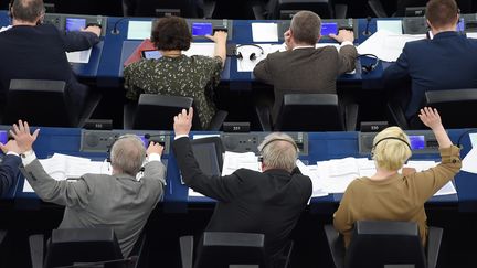 Des députés européens votent lors d'une session pleinière à Strasbourg, le 26 mars 2019. (FREDERICK FLORIN / AFP)