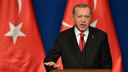 Recep Tayyip Erdogan, le président turc, lors d'une conférence de presse à Budapest (Hongrie), le 7 novembre 2019. (ATTILA KISBENEDEK / AFP)