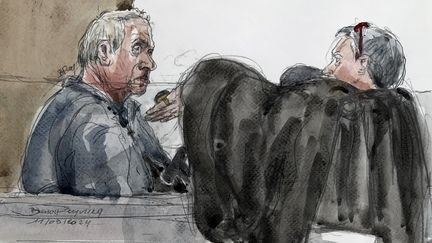 A drawing of the main accused in the Mazan rape case, Dominique Pelicot, during a hearing at the Avignon court (Vaucluse), September 11, 2024. (BENOIT PEYRUCQ / AFP)