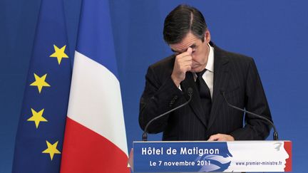 Le Premier ministre Fran&ccedil;ois Fillon, lors d'une conf&eacute;rence de presse &agrave; l'H&ocirc;tel Matignon, &agrave; Paris, le 7 novembre 2011. (JACQUES DEMARTHON / AFP)