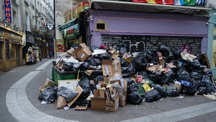 5600 tonnes de déchets s'accumulent dans les rues de Paris le 13 mars. (MYRIAM TIRLER / HANS LUCAS)