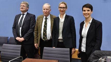 De gauche à droite : Jörg Meuthen, Alexander Gauland, Alice Weidel et Frauke Petry, dirigeants de l'AfD, avant une conférence de presse, à Berlin (Allemagne), le 25 septembre 2017. (JOHN MACDOUGALL / AFP)