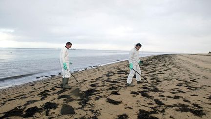 Des membres d'une équipe de nettoyage ramassent des galettes de fioul sur les plages du bassin d'Arcachon (Gironde), le 23 janvier 2013.&nbsp; (MICHEL GANGNE / AFP)