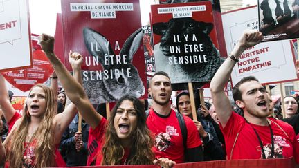 La huitième édition de la marche pour la fermeture des abattoirs organisée par l'association L214, le 8 juin 2019 à Paris. (VINCENT ISORE / MAXPPP)