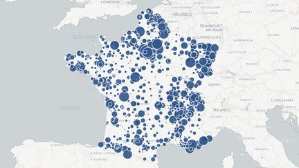 La carte de France des villes dans lesquelles les bacheliers ont obtenu des mentions tr&egrave;s bien au baccalaur&eacute;at 2015. (NICOLAS ENAULT / FRANCETV INFO)