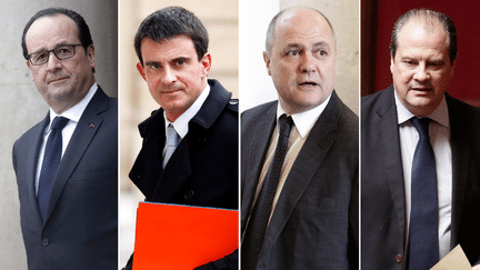 Le pr&eacute;sident de la R&eacute;publique, Fran&ccedil;ois Hollande, le Premier ministre, Manuel Valls, le pr&eacute;sident du groupe PS &agrave; l'Assembl&eacute;e, Bruno Le Roux, et le Premier secr&eacute;taire du PS, Jean-Christophe Cambad&eacute;lis. (  MAXPPP)