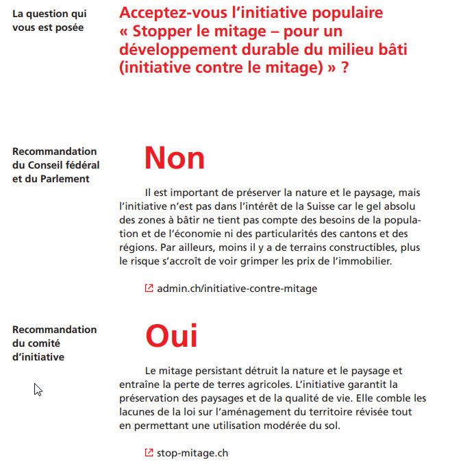 Un extrait du livret consacré à la prochaine votation organisée en Suisse, le 10 février 2019, sur le "mitage". (CONFEDERATION SUISSE)