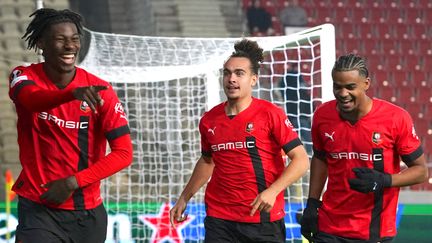 La joie de Cristophe Wooh, unique buteur de Rennes face au Dynamo Kiev en Ligue Europa, le 13 octobre 2022. (JANEK SKARZYNSKI / AFP)