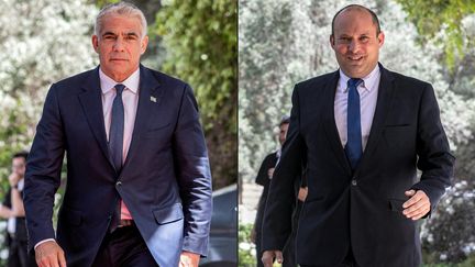 L'opposant centriste israélien Yaïr Lapid, et le chef de la formation de droite radicale Yamina, Naftali Bennett, le 5 mai 2021 à Jérusalem.&nbsp; (OREN BEN HAKOON / AFP)