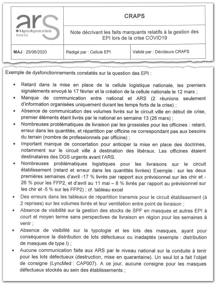 Extrait d’une note de la cellule régionale d’appui et de pilotage sanitaire Grand Est du 25 juin 2020, qui décrit les dysfonctionnements constatés sur la question des EPI. (CELLULE INVESTIGATION DE RADIOFRANCE)