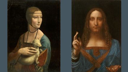 A gauche, Portrait de Cecilia Gallerani (La dame à l&#039;hermine), vers 1489, à droite : le Christ en Salvator Mundi, vers 1499, collection privée
 (A gauche propriété de la Fondation Czartoryski à Cracovie, dépôt au musée national de Cracovie - à droite © 2011 Salvator Mundi, LLC. Photo Tim Nighswander/Imaging4Art)