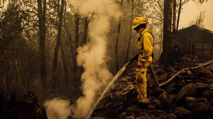 Un pompier américain éteint les braises d'un incendie dans l'Ouest des Etats-Unis, le 10 septembre 2020 (photo d'illustration). (KATHRYN ELSESSER / AFP)