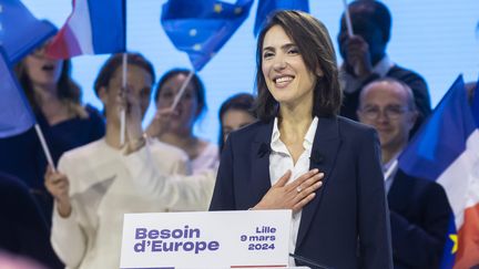 Valérie Hayer, tête de liste de la majorité présidentielle, lors de son premier meeting pour les élections européennes à Lille, le 9 mars 2024. (VINCENT ISORE / MAXPPP)