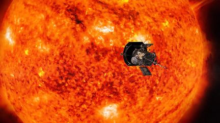 Vue d'artiste montrant la sonde Parker Solar Probe près du Soleil, le 6 juillet 2018. (JOHNS HOPKINS APL / NASA)