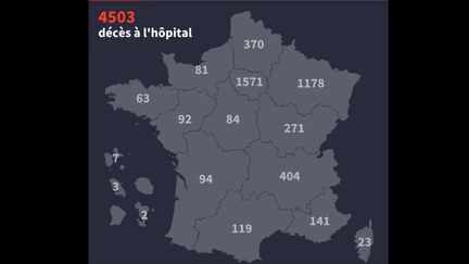 Cette carte montre le nombre de décès du coronavirus à l'hôpital et leur répartition par régions.&nbsp; &nbsp; (FRANCEINFO)