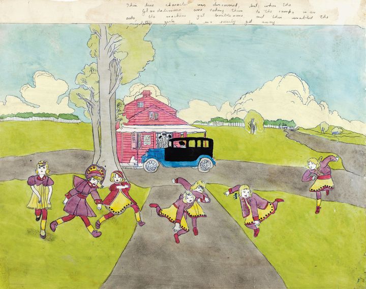 Henry Darger. "Leur véritable identité a été découverte, mais lorsqu'elles ont été emmenées au camp par les Glandeliniens, en voiture, le moteur a eu quelques ratés, ce qui a permis aux petites filles de prendre la fuite sans peine"
 (Eric Emo / Musée d&#039;Art Moderne / Roger-Viollet © 2015 Kiyoko Lerner / ADAGP, Paris)